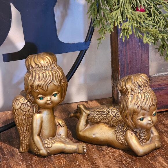 Mid-Century 1960s Golden Green Eyed Angels Norcrest Cherub Figurines - Vintage - Picture 5 of 8